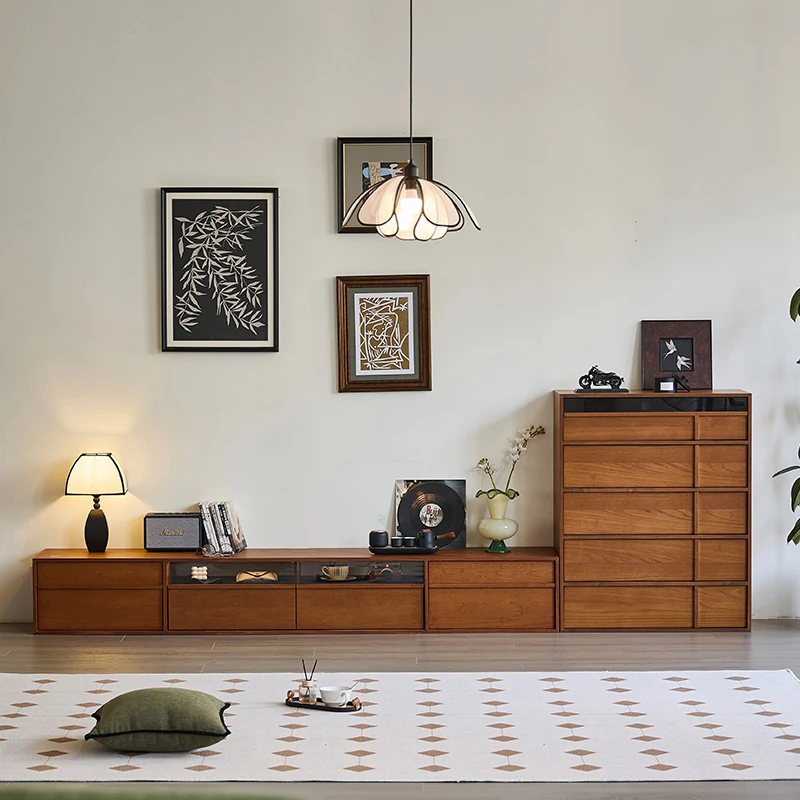 medieval solid wood TV cabinet, retro solid wood living room floor combination household storage locker integrated 4