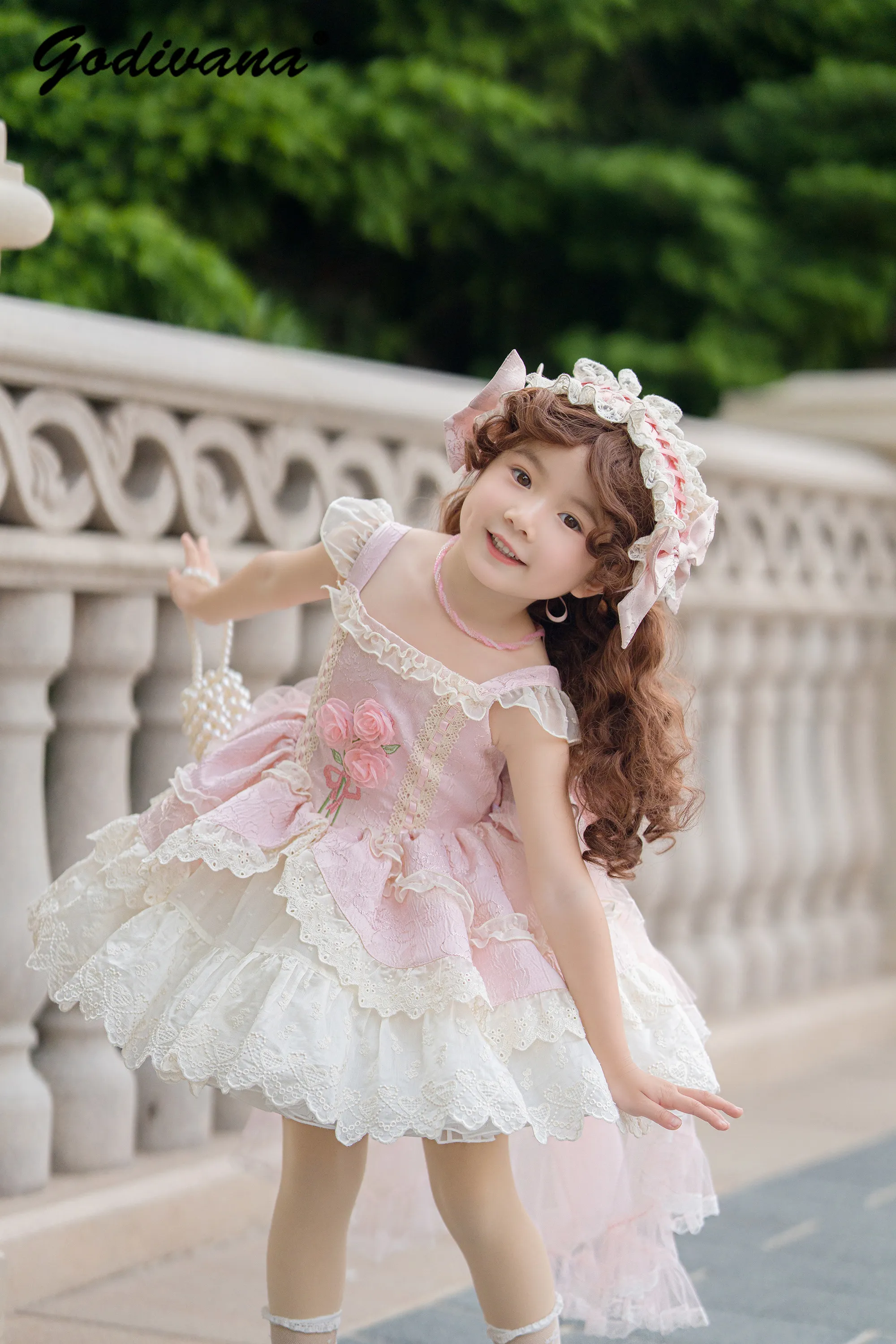 Originals Sweet Baby Girls Heavy Pink 3D Rose Lolita Princess Dress 2026 New Summer Kids Floral Fairy Bow Train Lace Ball Gown