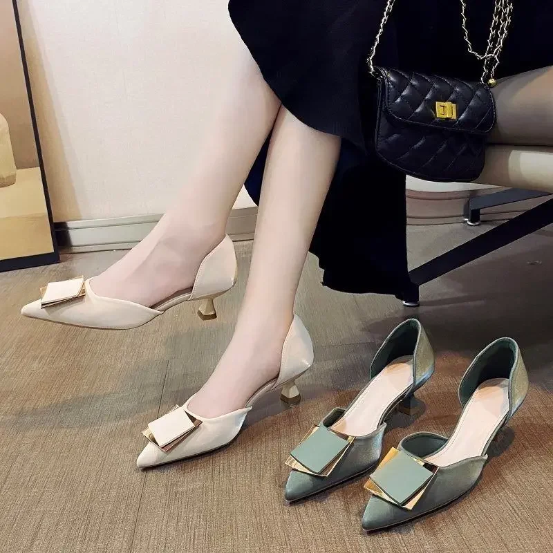 Women\'s Summer Footwear Stilito with Heel Shoes for Woman 2024 Green Sandals Square Toe Trend Beau Today Spring Stylish Fashion