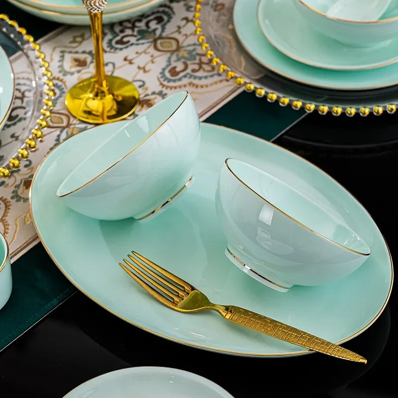 LingAo--Jingdezhen hand-painted bone china home-use gold-rimmed celadon bowl, plate, saucer, soup bowl tableware set