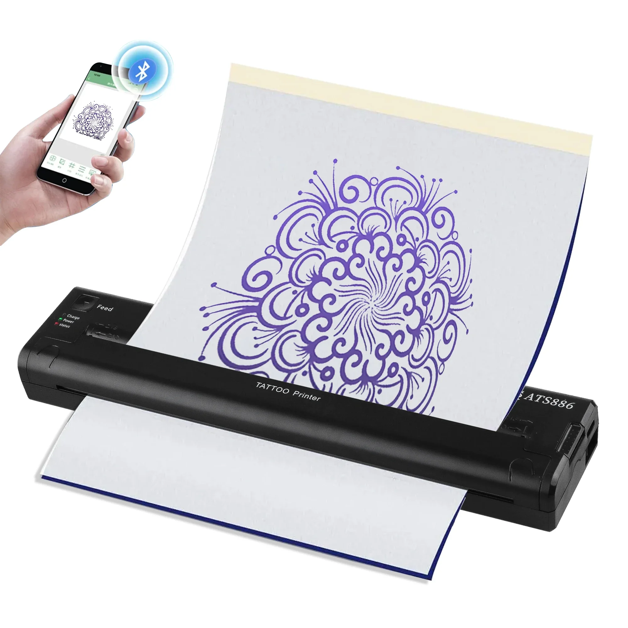 Tragbarer Thermo-Tattoo-Drucker, Transfermaschine, Bluetooth-Schablonenhersteller, Strichzeichnung, Fotodruck, Kopierer, 50 Blatt A4-Papier