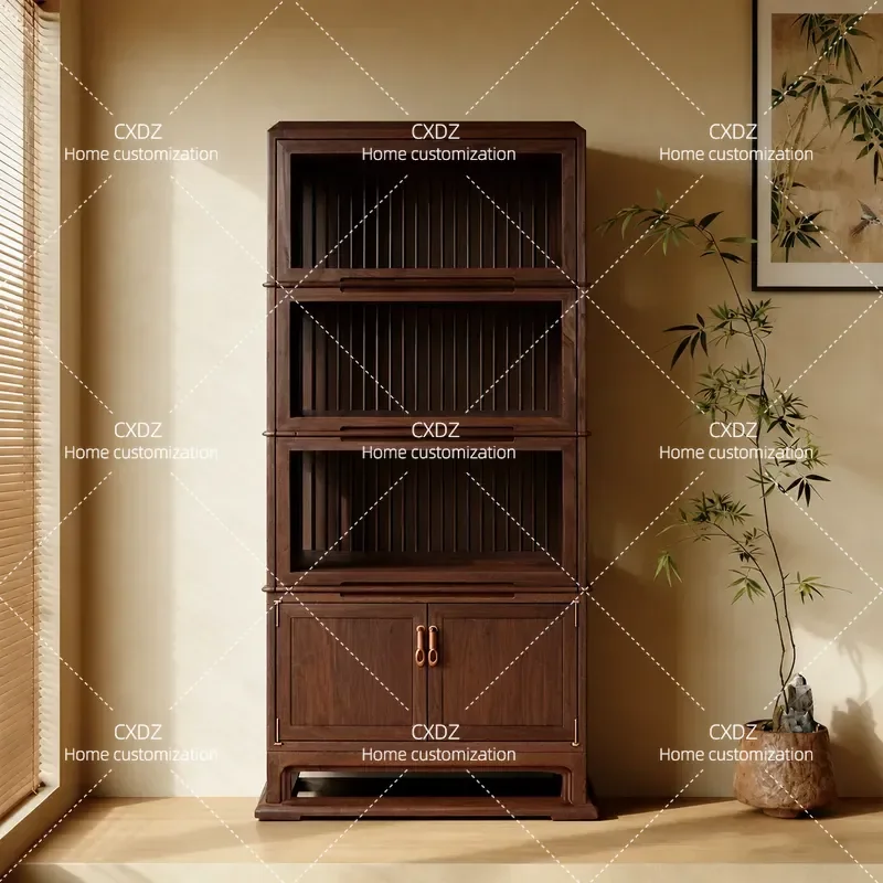 New Chinese Style Home Improvement Bogu Rack Tea Room Bookcase Walnut Wall Ornament Cabinet Zen Tea Set Shelf Display Cabinet