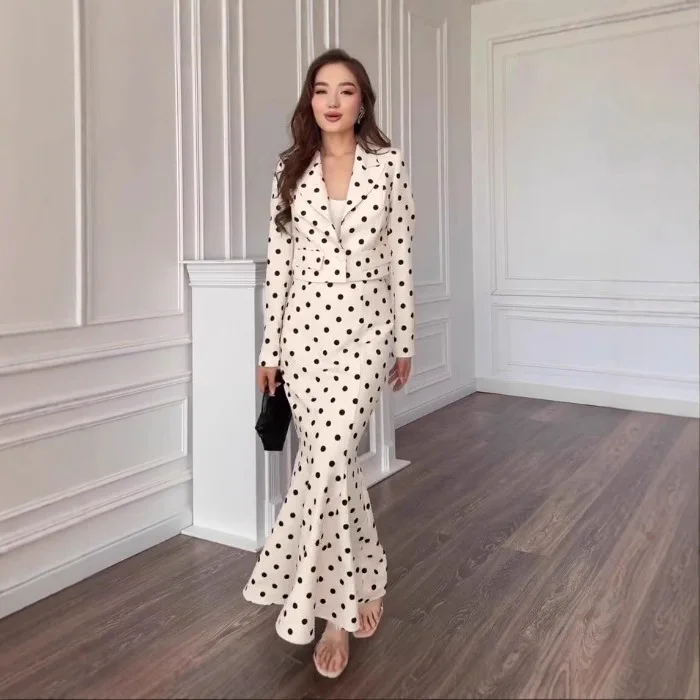 Women Two Piece Sets Skirt Set Dot Full Sleeve Turn Down Collar Coats Long Mermaid Skirts A Line High Waist Evening Elegant 2026