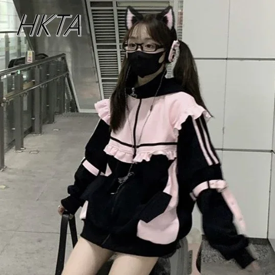 Japanese Splicing Contrasting Colors Fake Two-piece Hooded Sweatshrit Cardigan Women\'s Winter New Cute Loose Hoodie Jacket Coat