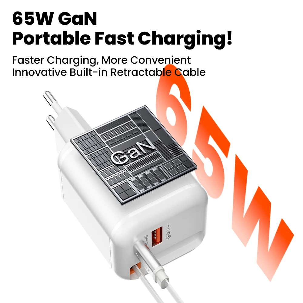 Olaf 65W USB Type C Phone Charger With Retractable Fast Charging USB C Cable For Iphone Xiaomi Samsung US/EU/UK Travel Adapter