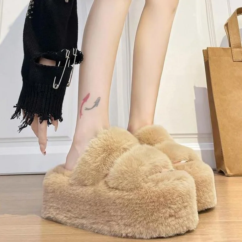 New Fashion Fluffy Slippers Women Winter Warm Shoes Lady Flat Platform Slipper High Quality Thick Sole Furry Faux Fur Slides