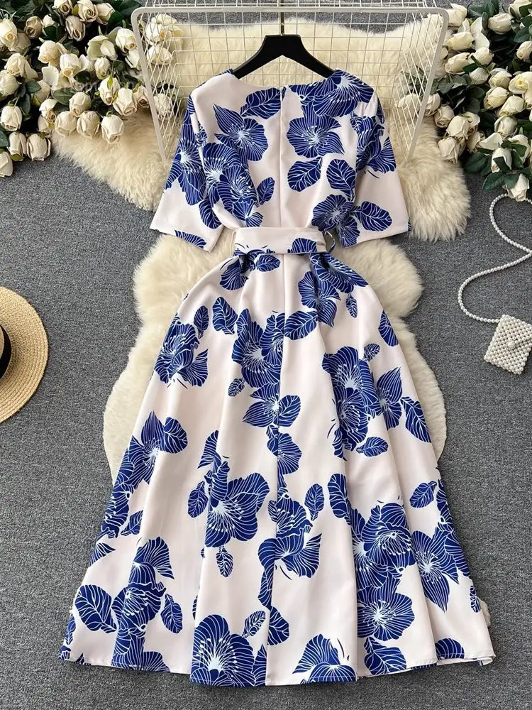 Summer Elegant OL Half Sleeve Blue And White Porcelain Printed Dress Women\'s Lace Up Belt Zipper Pocket Long Party Vestidos