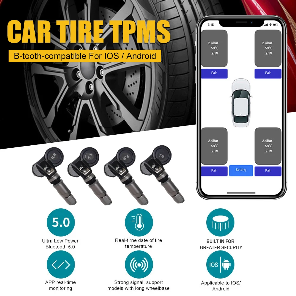 Car Tire Pressure Sensors Bluetooth-compatible 5.0 Tire Pressure Monitoring System Car TPMS Tire Pressure With App Control