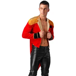 Mens Circus Ringmaster Jacket Lion Tamer Cosplay Outfit Tassel Metallic Lapel Swallow-Tailed Coat Tailcoat Christmas Jacket Top