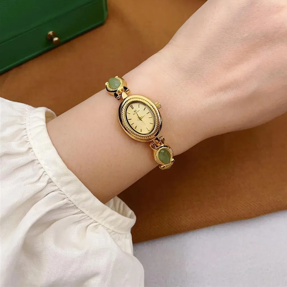 ผู้หญิงนาฬิกาทอง Vintage สร้อยข้อมือหยกสีน้ําตาลขนาดเล็กควอตซ์สวมใส่ทุกวันนาฬิกาหรูหรากันน้ําสุภาพสตรีนาฬิกาของขวัญ