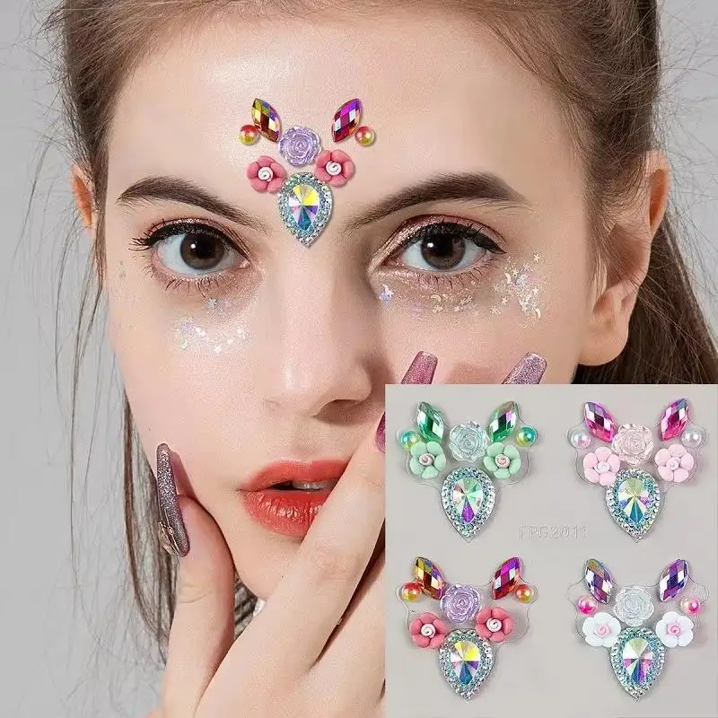 3D Face Rhinestone Stickers Removable No Residue Shiny Crystal Decor 1 Sheet for Halloween Cosplay Party Makeup