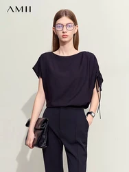 Amii Minimalism 2024 Summer Chiffon Shirts For Women New Romantic Slash Neck Asymmetric Short-sleeve Pleated Women Tops 12452096