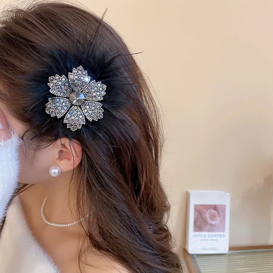 2Pcs Set Funkelnden Diamant Blume Feder Haar Zubehör Set Haar Hoop + Grip Clip frauen Bankett Stil pan Haar Zubehör – Detail 10