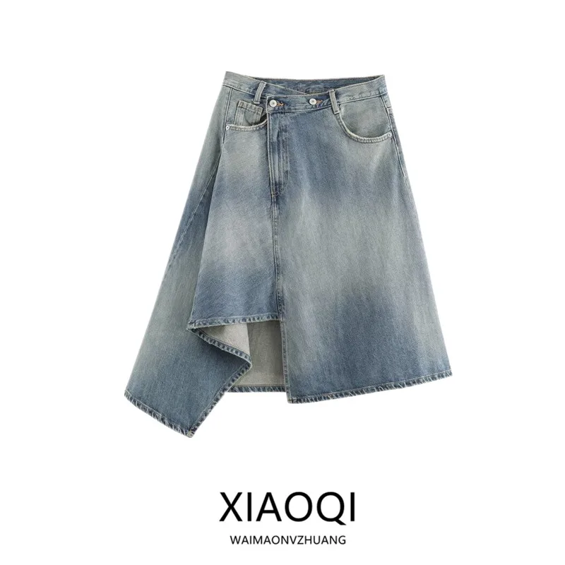 

Fall 2025 Women's Design Sensation Double-breasted Jeans Midi Skirt Mid-waist A-line Irregular Casual Style New Arrival