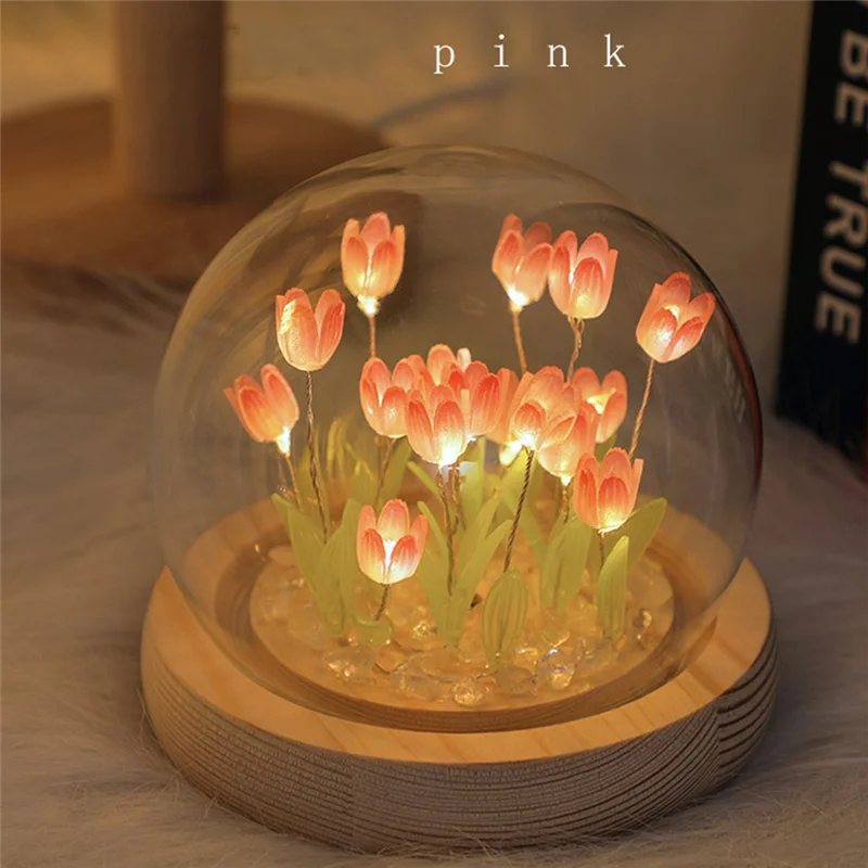 Tulips Night Light Handmade DIY Tulip Girl Living Room Night Light Desktop Light Romantic Ambient Lamp-Pink