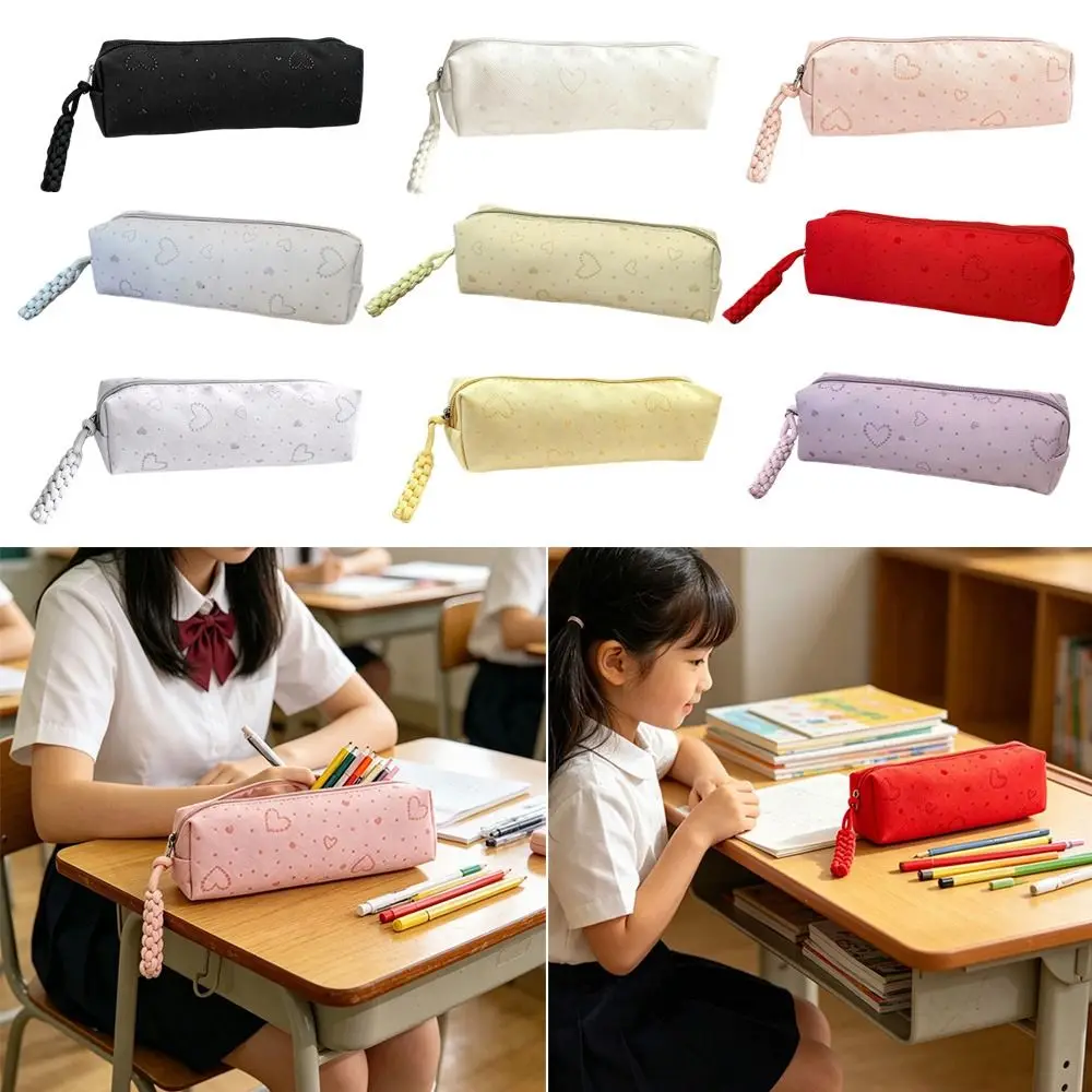 Durable Canvas Pencil Case Heart Print Large Capacity Pen Bag Stationery Organizer Gift