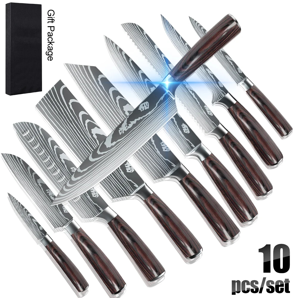 

10pcs Kitchen Knives Set Laser Damascus Pattern Chef knife Ultra-Sharp Santoku Cleaver Slicing Utility Kitchen Knives Tool