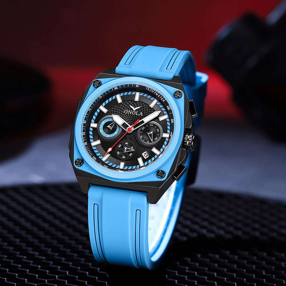 2024 New Fashion Square Multi Color Design Men\'s Watch ONOLA Multi Functional Silicone Tape Waterproof Casual Watches