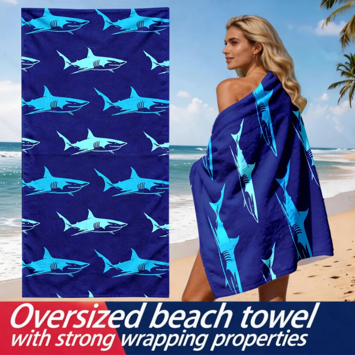 Shark with Geometric Pattern Design polyester microfiber beach towel is highly absorbent suitable for swimming and beach outings