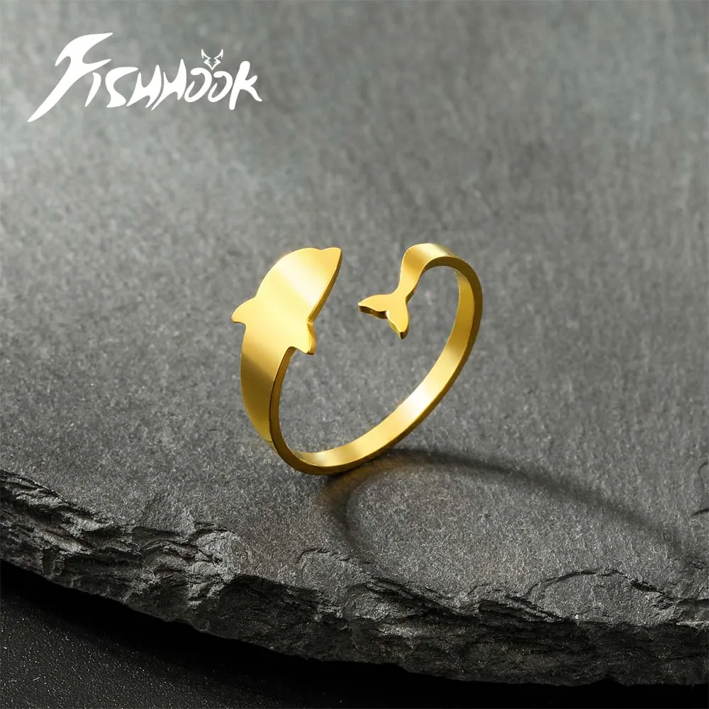 Fishhook Dolphin Finger Ring for Men Woman Girl Kid Child Resized Sea Fish Animal Gold Color Stainless Steel Jewelry Gift