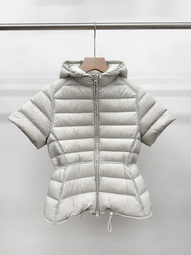 Autumn Winter White Duck Down Waterproof Warm Zipper Vest Women Solid Hooded Down Vest Female Drawstring Half Sleeved Waistcoat