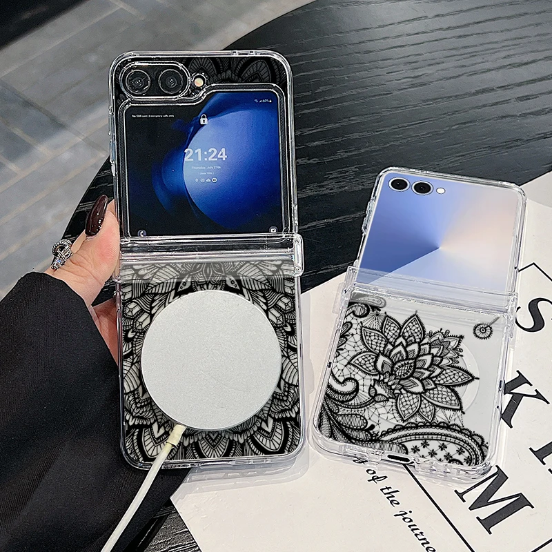 Retro Flower Totem Pattern Magnetic Phone Case For Samsung Galaxy Z Flip 7 FE 7 6 5 4 Flip7 Flip6 Flip5 For Magsafe Hard Cover