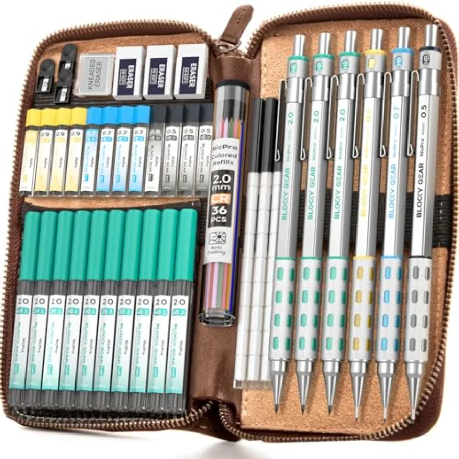 

Blocky Gear Metal Mechanical Pencil Set with Leather Case Art Drafting Pencil 0.5 0.7 0.9 and 2mm Lead Pencil with 352PCS HB 2H