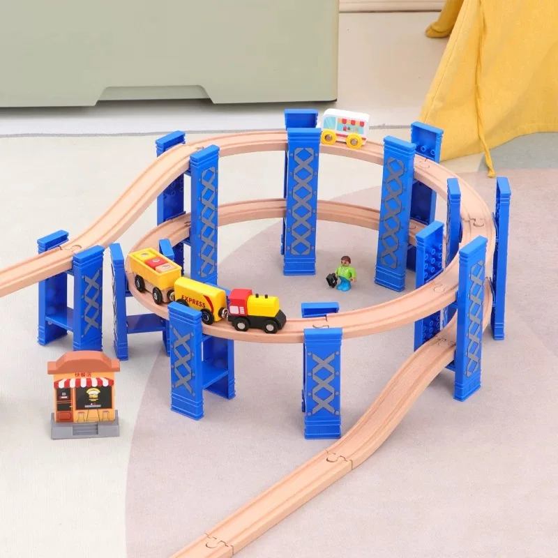 New Colorful Wooden Spiral Railway Tracks Circular Bridge Piers Spiral Ascending Orbit Wood Track Toys for Children Gifts