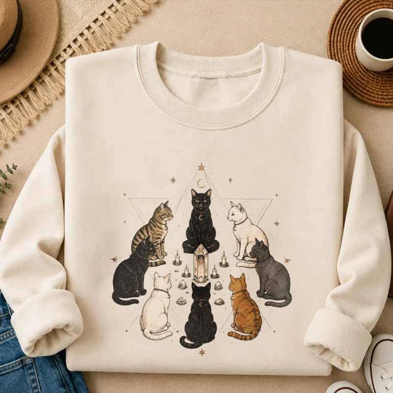 Mystic Witch Cats Pentagram Crystal Candle Occult Graphic Print Sweatshirt Women Casual Pullover Top Gothic Halloween Sweatshirt