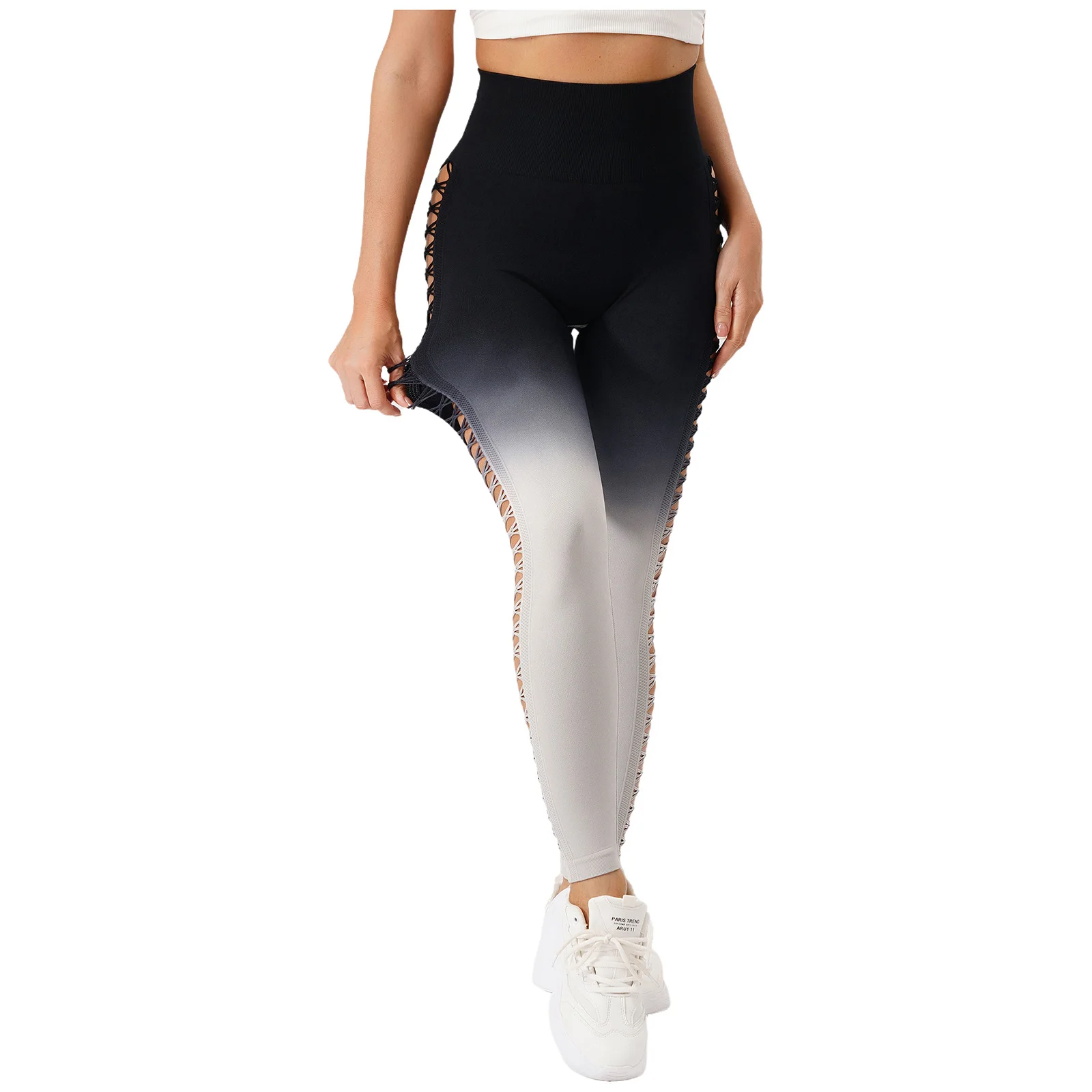 กางเกงเลกกิ้งออกกำลังกายผู้หญิง ผ้าปะต่อ ทรงสปอร์ต เอวสูง กระชับสัดส่วน ยกกระชับสะโพก ยืดหยุ่น ระบายอากาศได้ดี