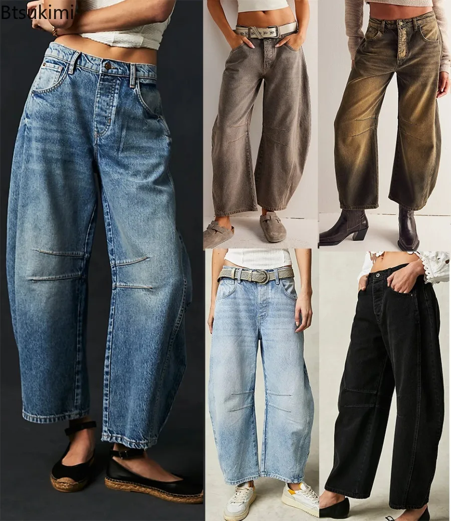 2026 Women Vintage Denim Jeans New Fashion Knee Splicing Design Straight Pants Female Commuter Casual Loose Mid Waist Trousers