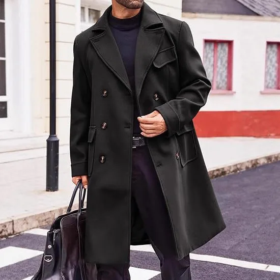 

Autumn Winter Man Jacket Solid Color Turn Down Collar Male Windbreaker Double-breasted Long Sleeve Casual Men Long Overcoat