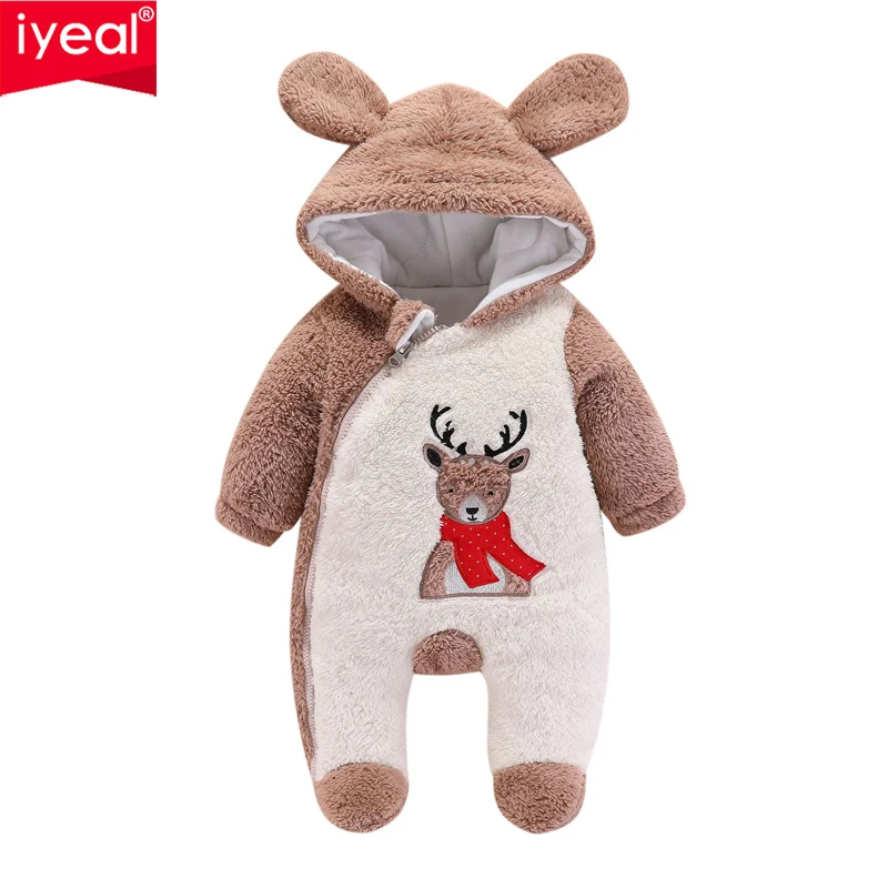 

IYEAL Winter Soft Baby Rompers Newborn Boys Girls Christmas Cartoon Fleece With Hooded Infant Overalls