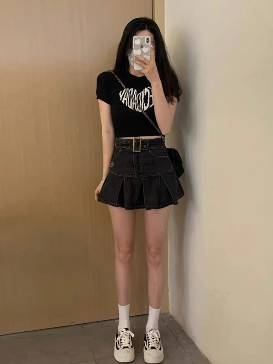 하이웨이스트 A라인 스커트 레트로 데님 플리츠 힙커버 롱 스커트 여성 여름 플러스 사이즈 디자인 센세이션 스파이시 걸