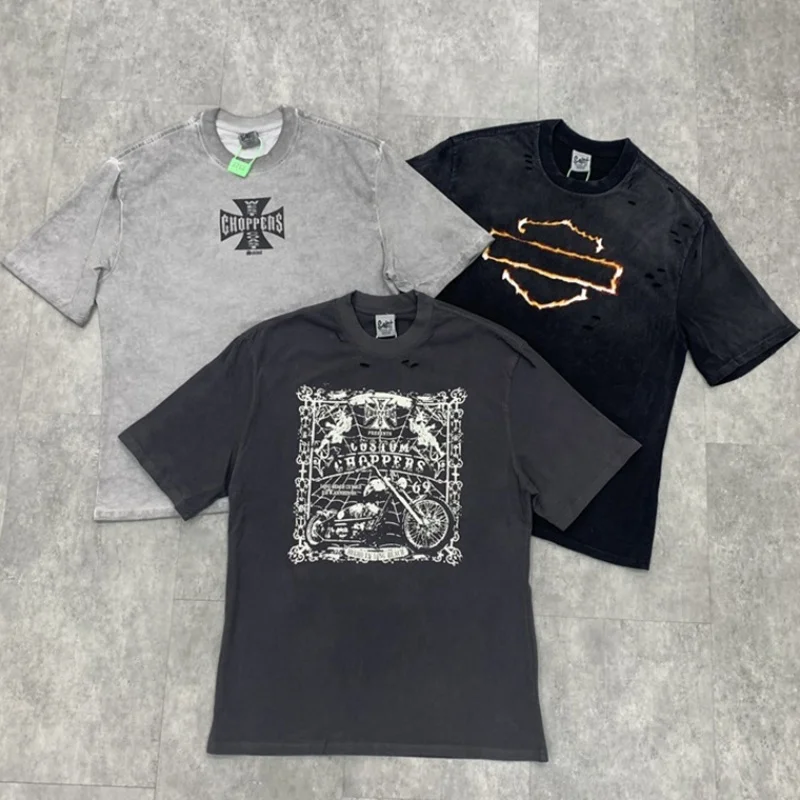 

Summer Fashion WestCoast T Shirt Choppers West Coast Iron Cross Retro Washed Do Old Hole Men Women Short-sleeved T-shirt