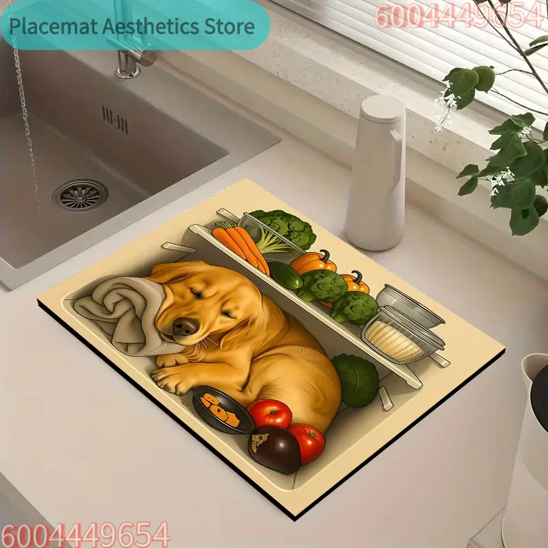 Tableware Drying Mat Cute Dog Vegetable Drainage Mat Kitchen Utensil Mat Coffee Mat Dryer Mat Washing Machine Mat Decoration