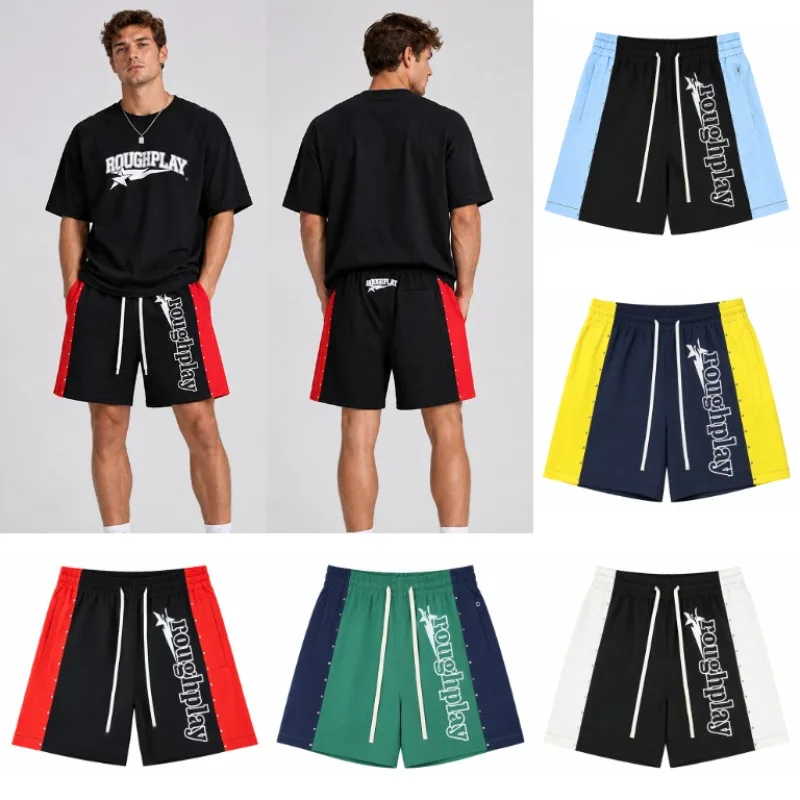 New Rough Play Unisex Casual Street Shorts Contrast Color Rivet Ornament Elastic Drawstring Loose Short Pants