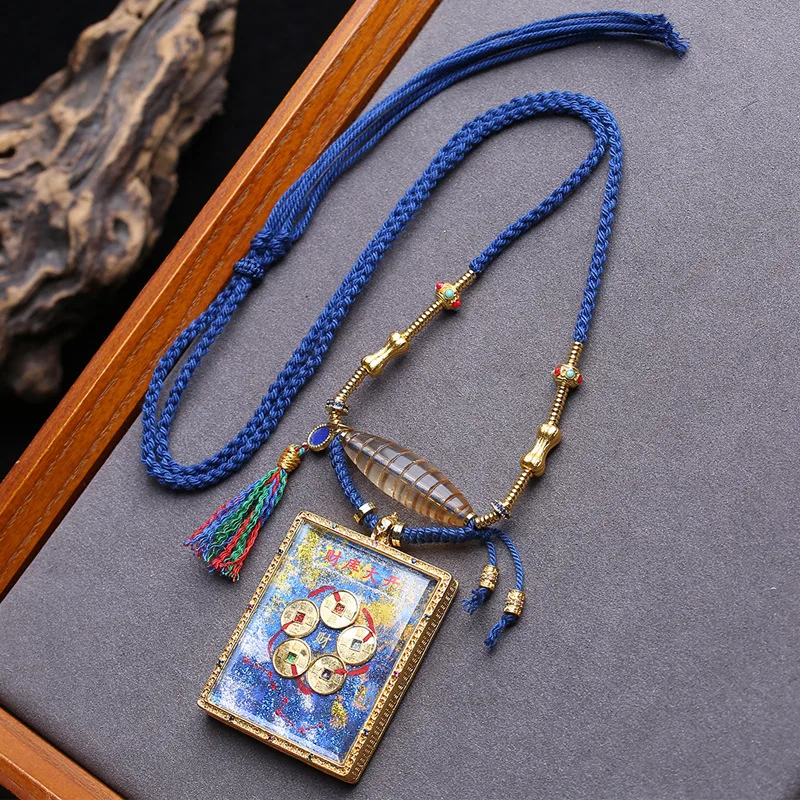 Antique Five Emperors Coins Thangka Pendant, Wealth Abundant Sweater , Glass Beads, Hand-woven Rope Clavicle Chain