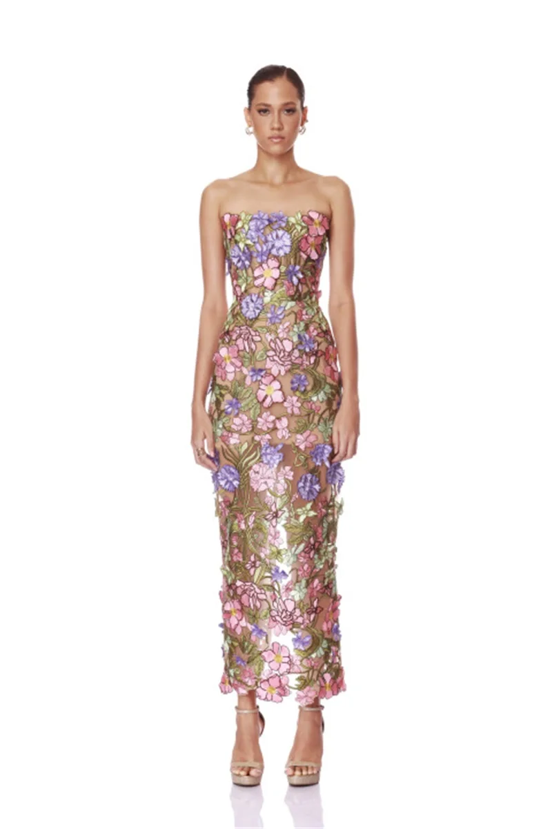 Luxury 3D Floral Sheath Party Gown Sexy Sleeveless Strapless Prom Dress Lace Up Back Bridesmaid Formal Wedding Evening Robe