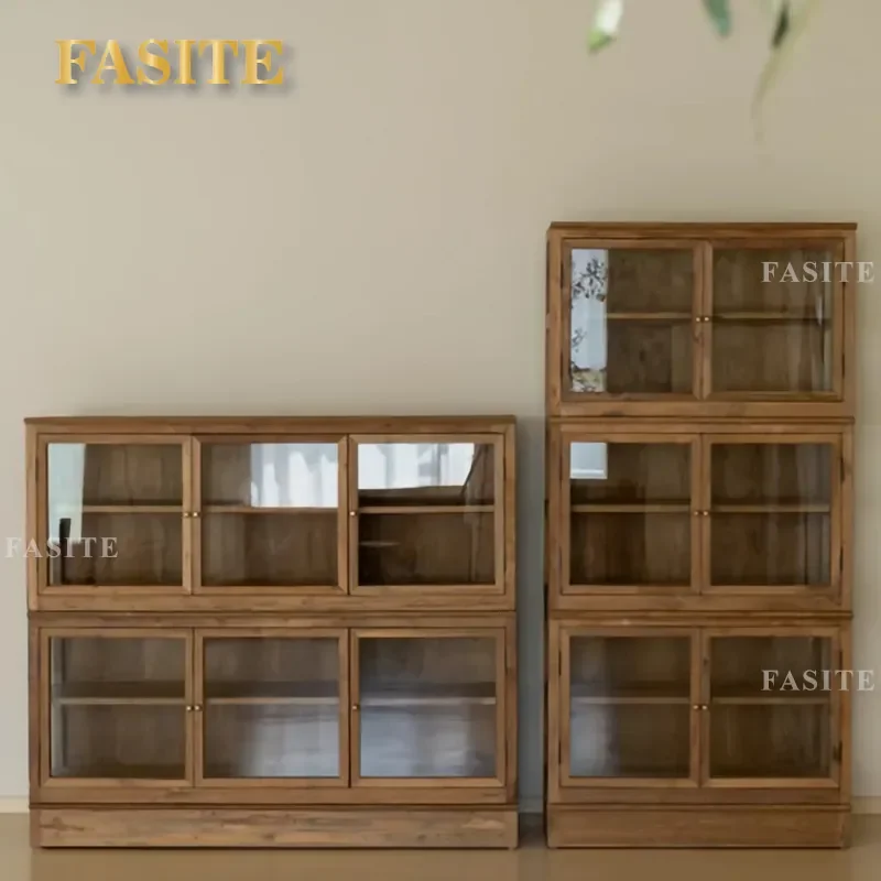 for Retro Solid Wood Bucket Cabinet Household Dining Side Cabinet Medieval Storage Display Cabinet with Glass