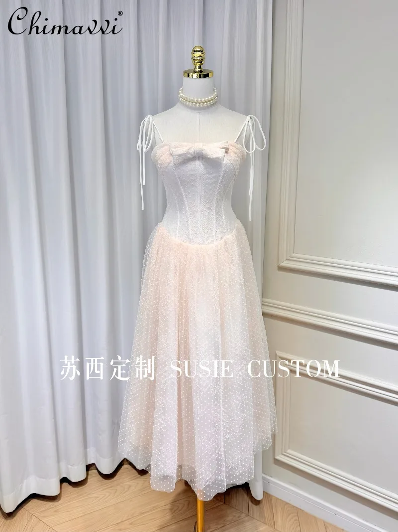 

French Sweet Flocked Polka Dot Lace Bow Boning Flared Bandeau Dress 2026 Spring and Summer Princess Mesh Birthday Party Dress