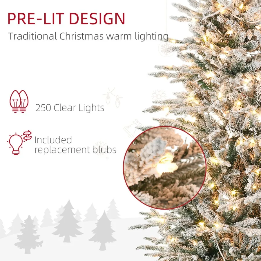 Arbre de Noël artificiel pré-éclairé de 6 pieds de haut, dr de vacances avec 636 Branches floquées de neige, 250 lumières jaunes chaudes et claires, ouverture automatique