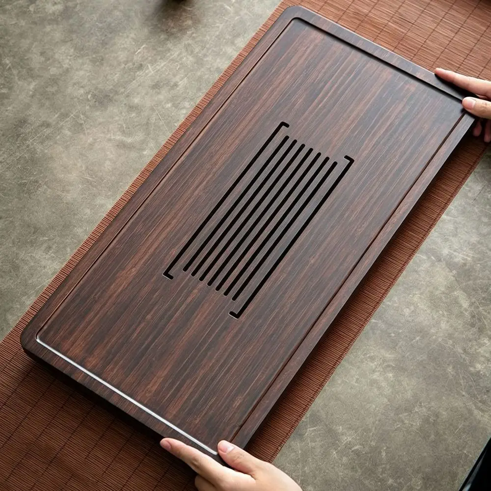 Kung Fu Tea Accessory Walnut Tone Bamboo Tea Tray Rectangular Hollow Slit Drainage Board With Detachable Water Storage Tray