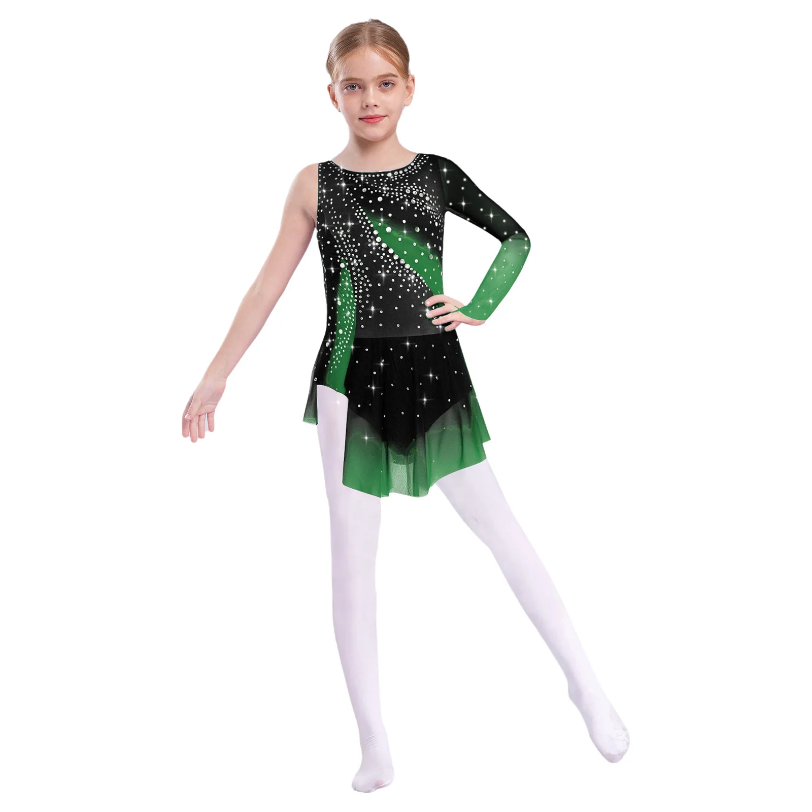 

Girls Lyrical Modern Dance Figure Skating Rhythmic Gymnastics Costume Asymmetrical Split Shiny Rhinestones Classical Dance Dress