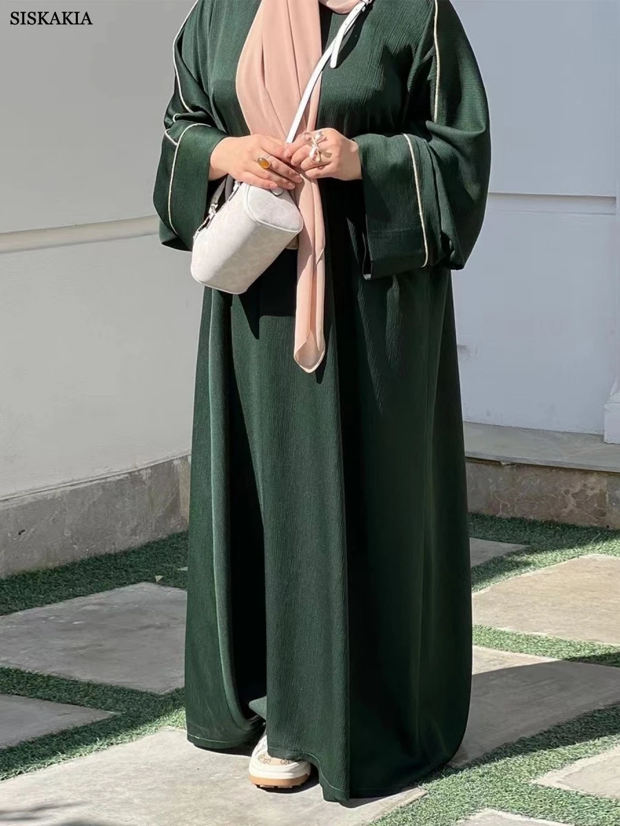 Siskakia Ramadan Moroccan Loose Elegant Casual Abaya Muslim Women Bright Line Decoration Long Sleeve Dress