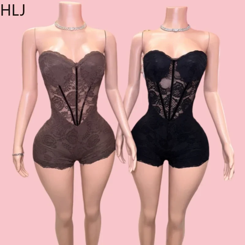 

HLJ Sexy Lace See Though Bodycon Tube Rompers Women Off Shoulder Sleeveless Backless Slim One Piece Jumpsuits Fashion Overalls