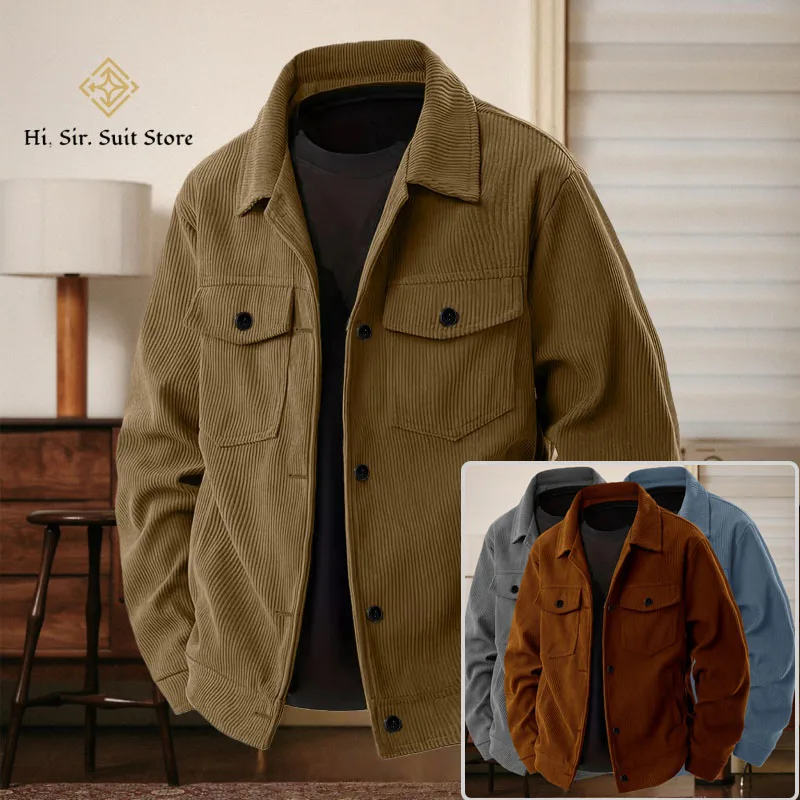

American Vintage Corduroy Jacket for Men Spring/Fall Loose-Fit Casual Workwear Sleeved Shirt Melange Overcoat Layering Warmth