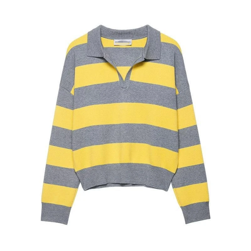 

Autumn Knitted Shirt Collar Striped Fashion Casual Women's Clothing Sweater Mujer