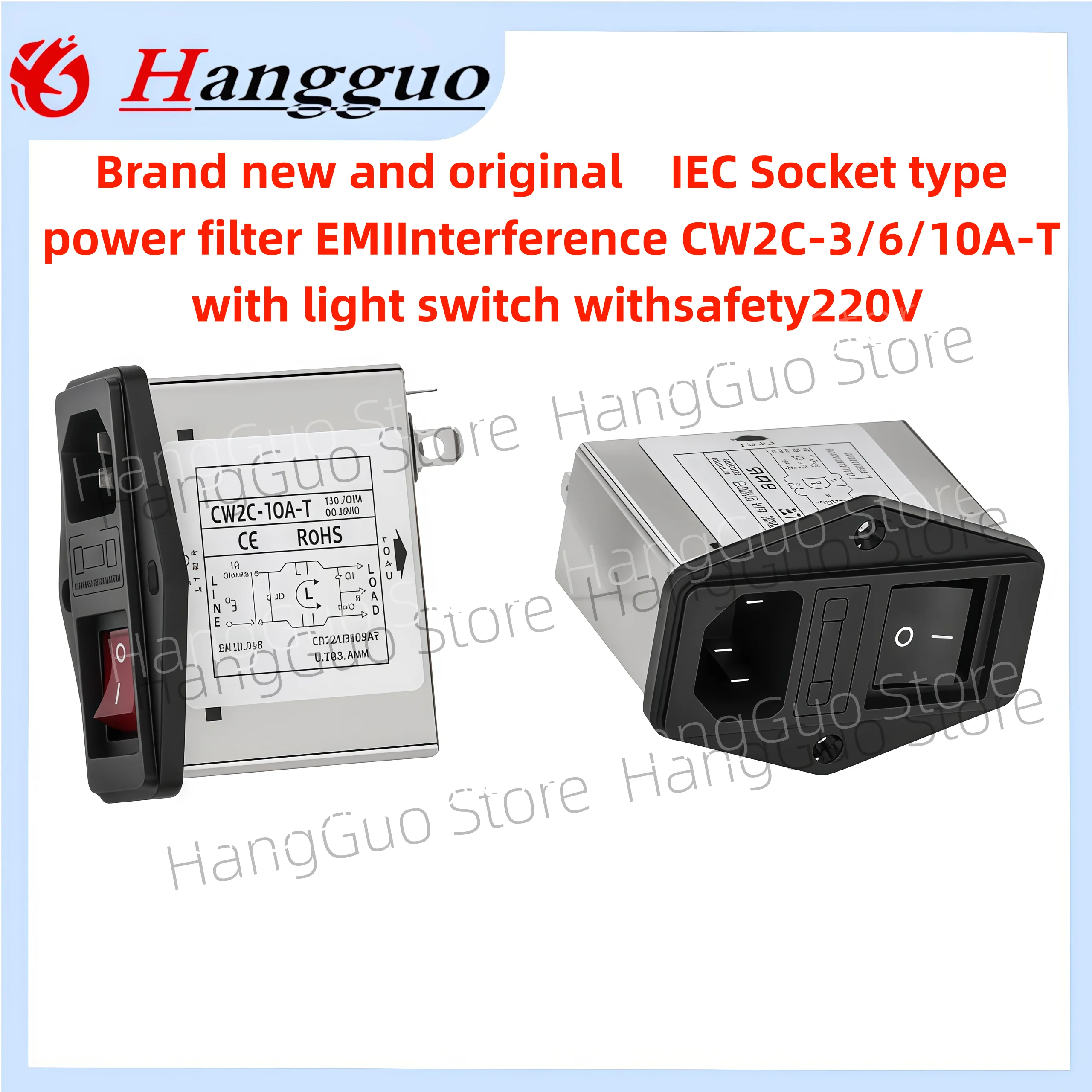 Brand new and original    IEC Socket type power filter EMIInterference CW2C-3/6/10A-T with light switch withsafety220V
