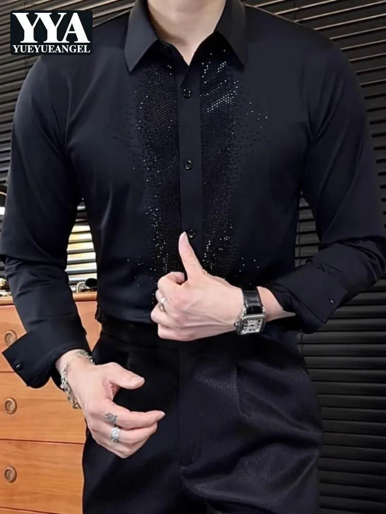 

Autumn Fashion Men Rhinestone Shirt Turndown Collar Slim Fit Handsome Tops Single Breasted Business Gentleman Long Sleeve Shirts